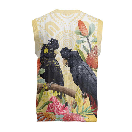 Black Cockatoo Banksia Australia Christmas Knitted V-Neck Vest Aboriginal Art - Aussie Hoodie