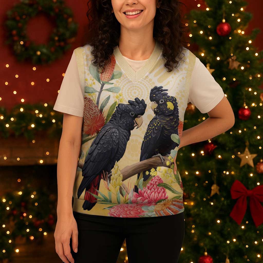 Black Cockatoo Banksia Australia Christmas Knitted V-Neck Vest Aboriginal Art - Aussie Hoodie