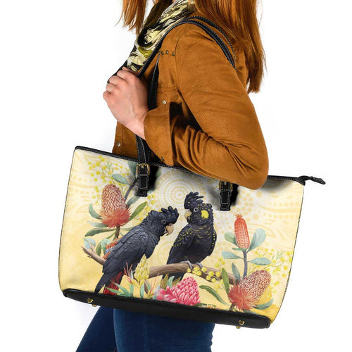 Black Cockatoo Banksia Australia Leather Tote Bag Aboriginal Art