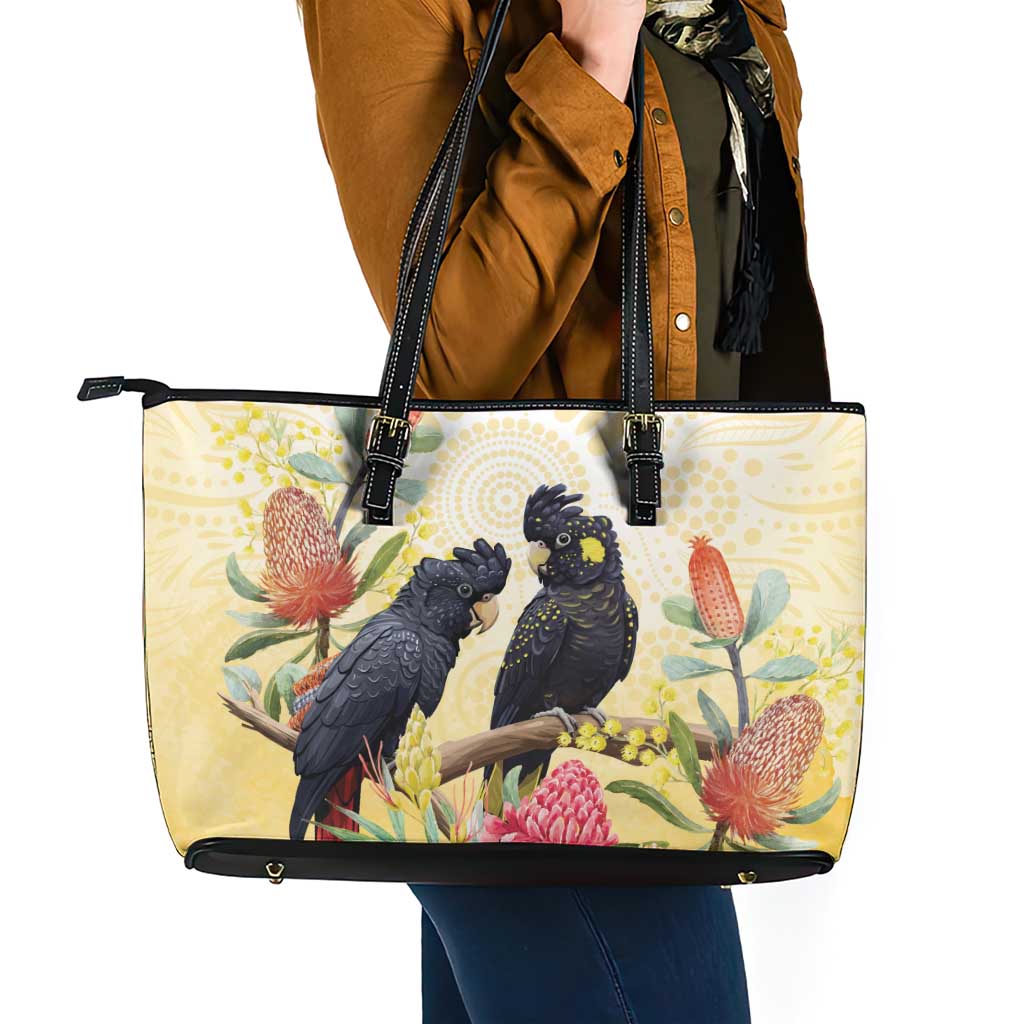 Black Cockatoo Banksia Australia Leather Tote Bag Aboriginal Art