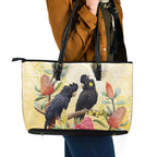 Black Cockatoo Banksia Australia Leather Tote Bag Aboriginal Art