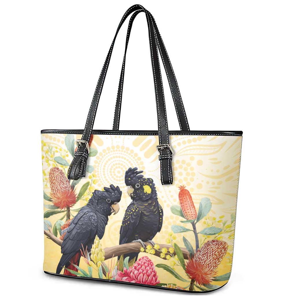 Black Cockatoo Banksia Australia Leather Tote Bag Aboriginal Art