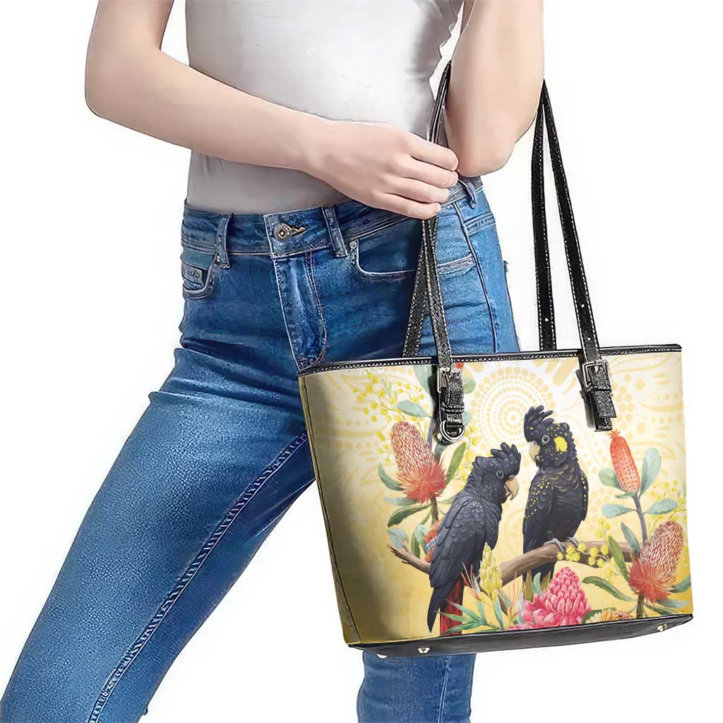 Black Cockatoo Banksia Australia Leather Tote Bag Aboriginal Art