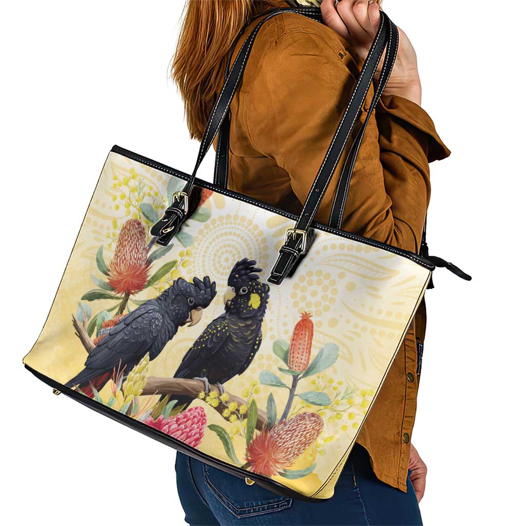 Black Cockatoo Banksia Australia Leather Tote Bag Aboriginal Art