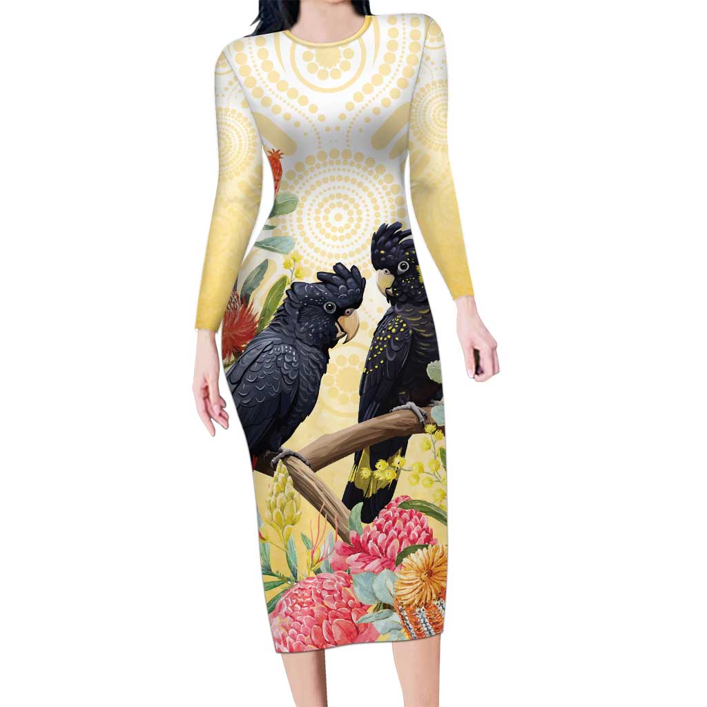 Black Cockatoo Banksia Australia Long Sleeve Bodycon Dress Aboriginal Art