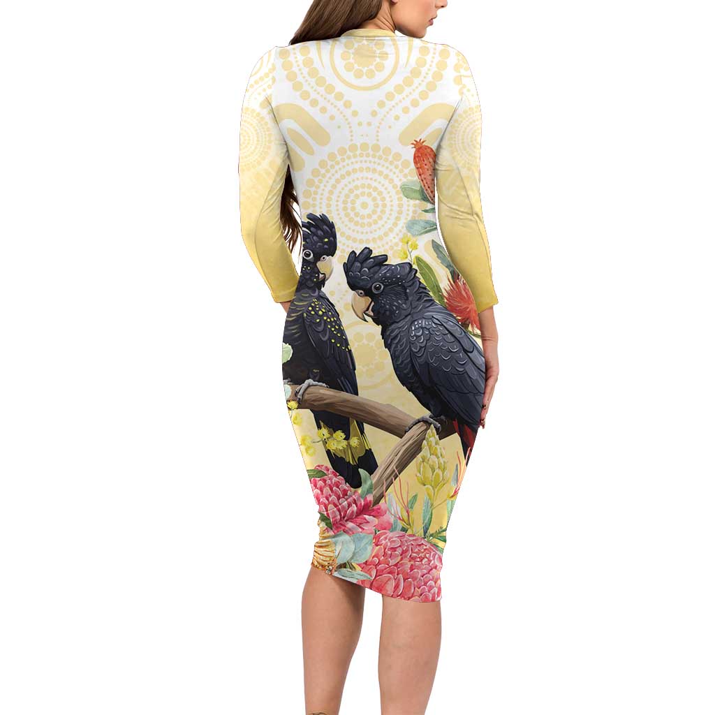 Black Cockatoo Banksia Australia Long Sleeve Bodycon Dress Aboriginal Art