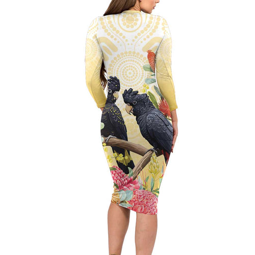 Black Cockatoo Banksia Australia Long Sleeve Bodycon Dress Aboriginal Art