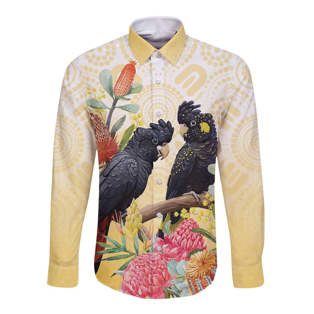 Black Cockatoo Banksia Australia Long Sleeve Button Shirt Aboriginal Art