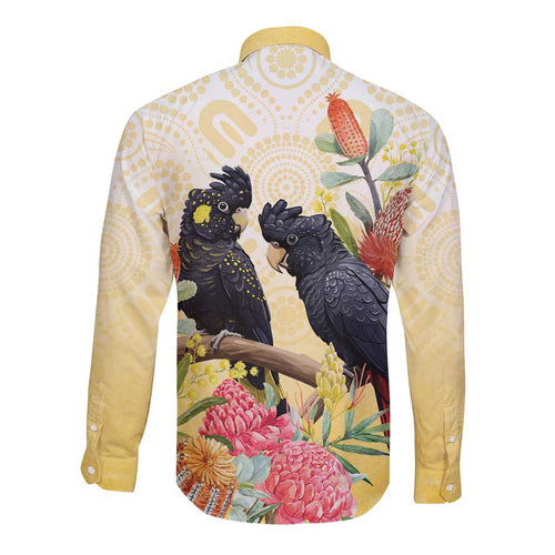 Black Cockatoo Banksia Australia Long Sleeve Button Shirt Aboriginal Art