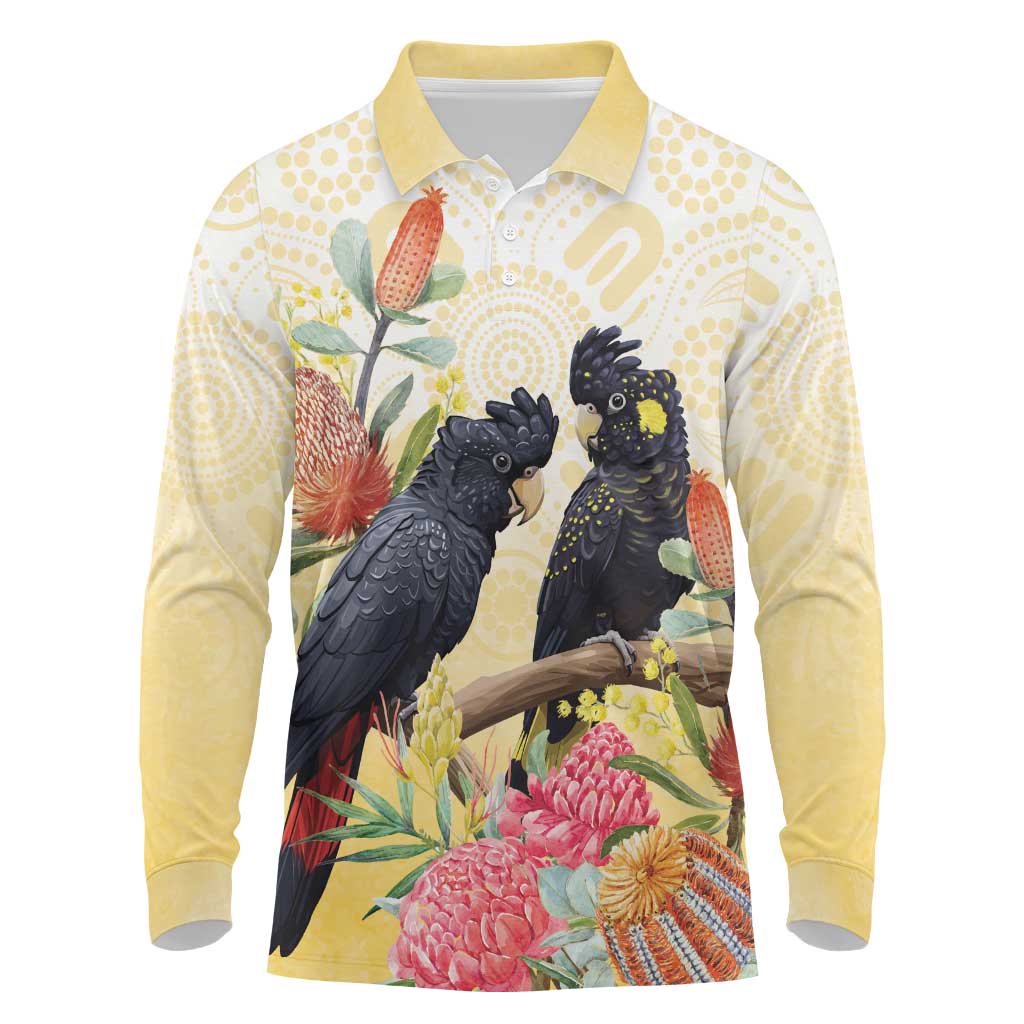 Black Cockatoo Banksia Australia Long Sleeve Polo Shirt Aboriginal Art