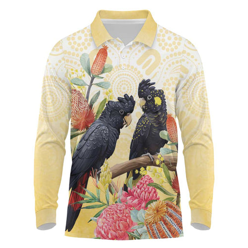 Black Cockatoo Banksia Australia Long Sleeve Polo Shirt Aboriginal Art