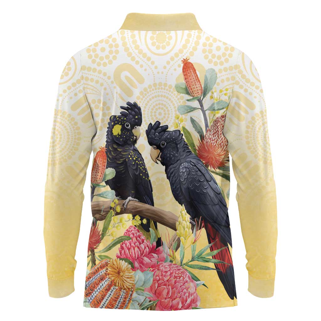 Black Cockatoo Banksia Australia Long Sleeve Polo Shirt Aboriginal Art