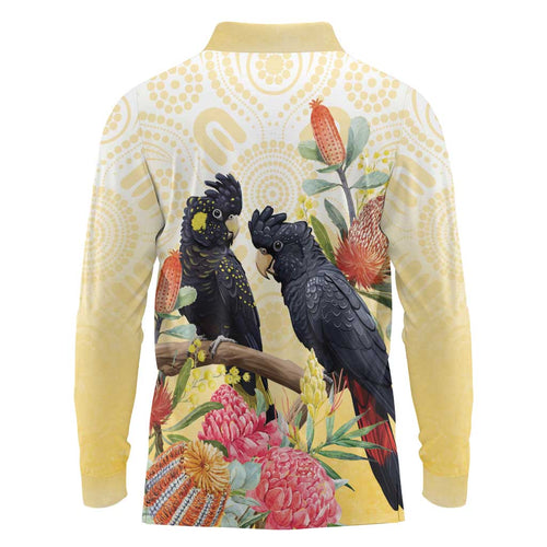Black Cockatoo Banksia Australia Long Sleeve Polo Shirt Aboriginal Art