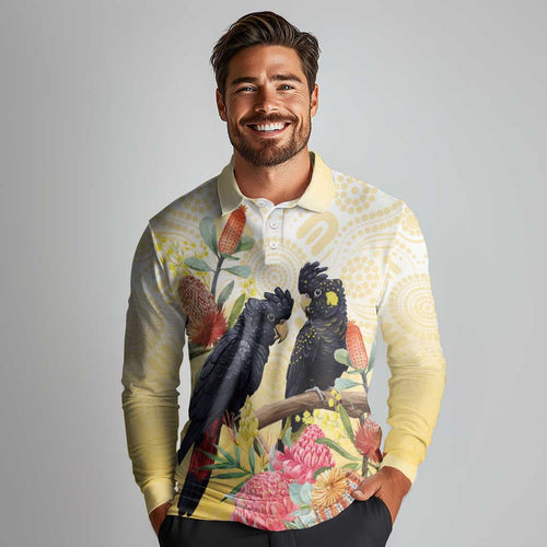 Black Cockatoo Banksia Australia Long Sleeve Polo Shirt Aboriginal Art