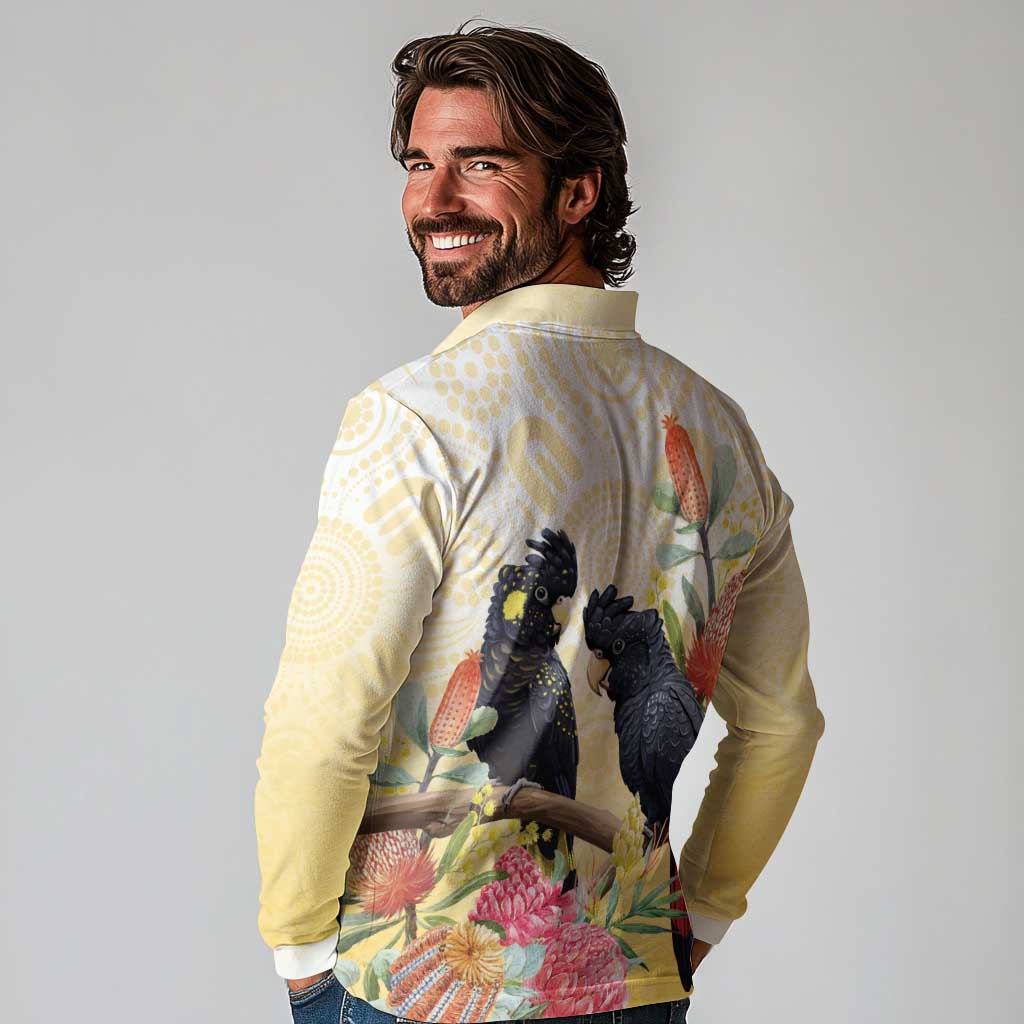 Black Cockatoo Banksia Australia Long Sleeve Polo Shirt Aboriginal Art