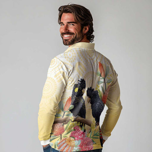 Black Cockatoo Banksia Australia Long Sleeve Polo Shirt Aboriginal Art