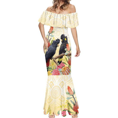 Black Cockatoo Banksia Australia Mermaid Dress Aboriginal Art