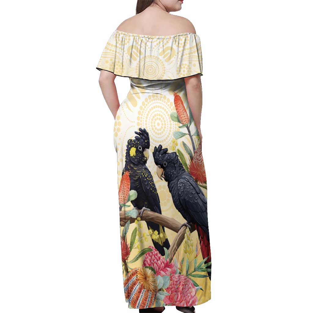 Black Cockatoo Banksia Australia Off Shoulder Maxi Dress Aboriginal Art