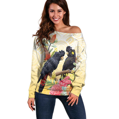 Black Cockatoo Banksia Australia Off Shoulder Sweater Aboriginal Art