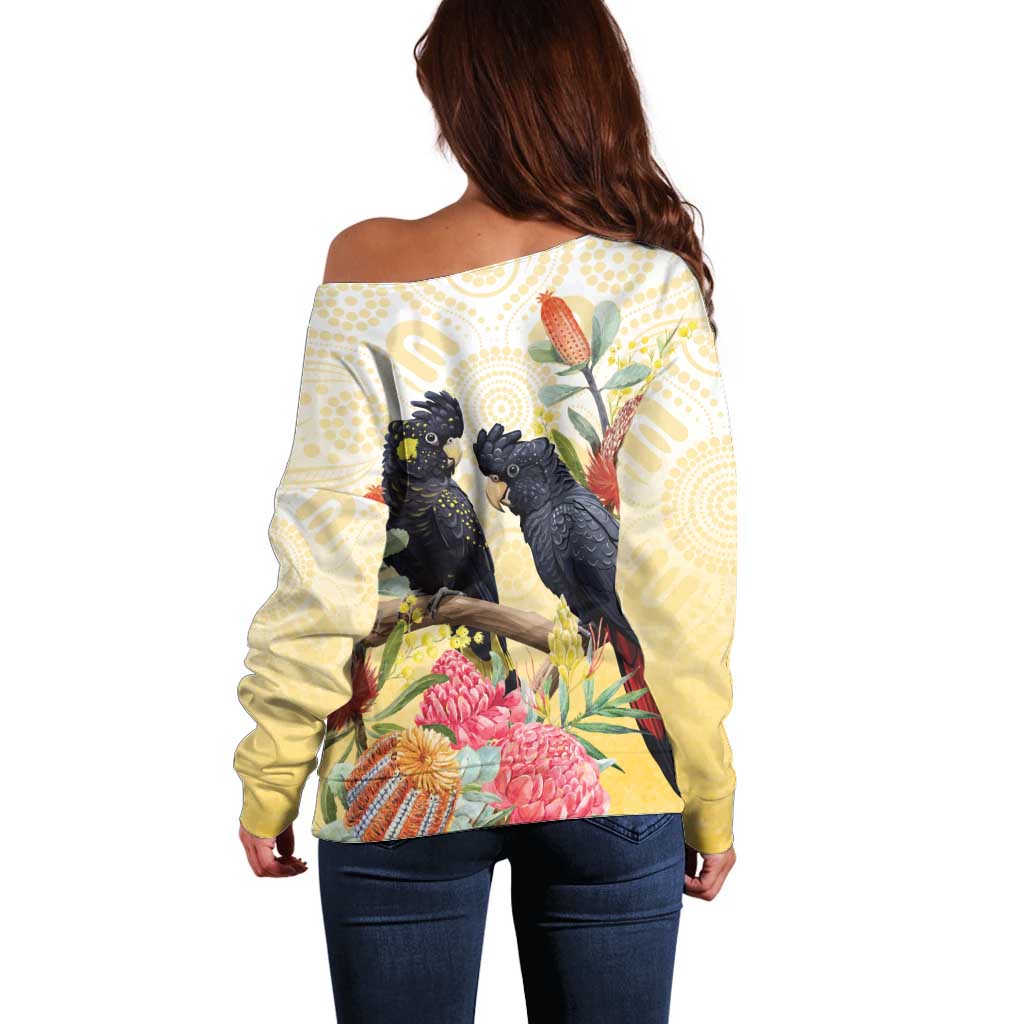 Black Cockatoo Banksia Australia Off Shoulder Sweater Aboriginal Art