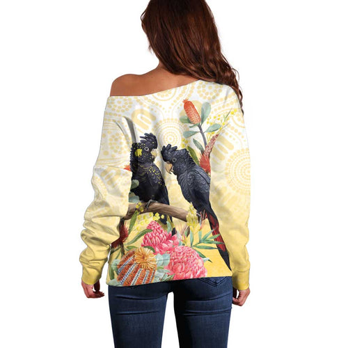 Black Cockatoo Banksia Australia Off Shoulder Sweater Aboriginal Art