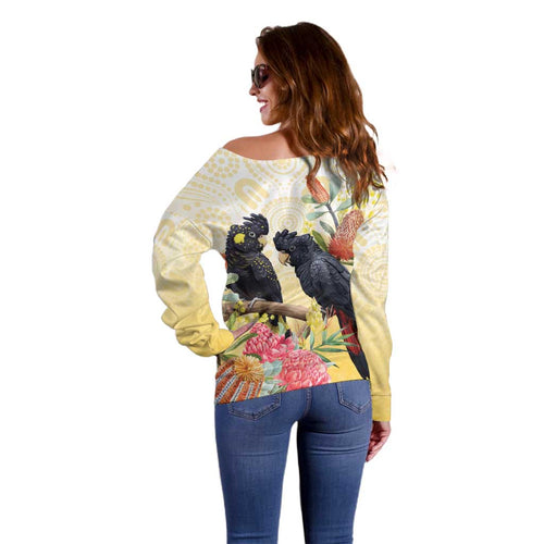 Black Cockatoo Banksia Australia Off Shoulder Sweater Aboriginal Art