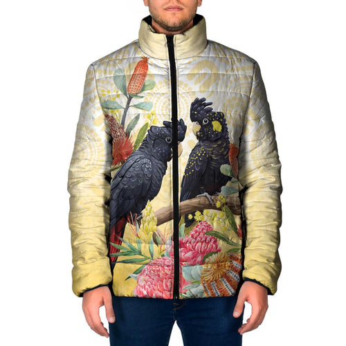 Black Cockatoo Banksia Australia Padded Jacket Aboriginal Art - Aussie Hoodie