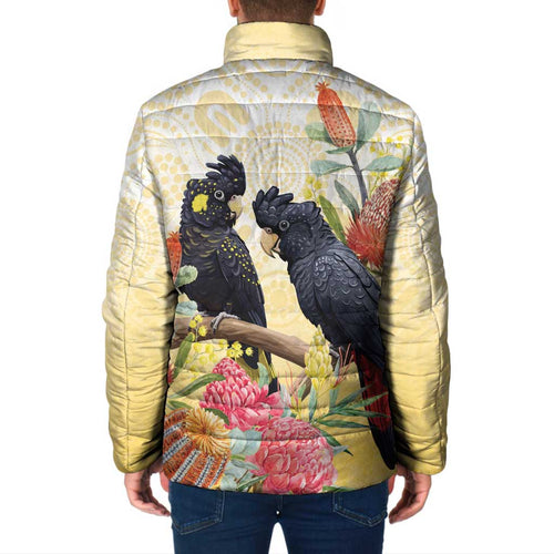 Black Cockatoo Banksia Australia Padded Jacket Aboriginal Art - Aussie Hoodie