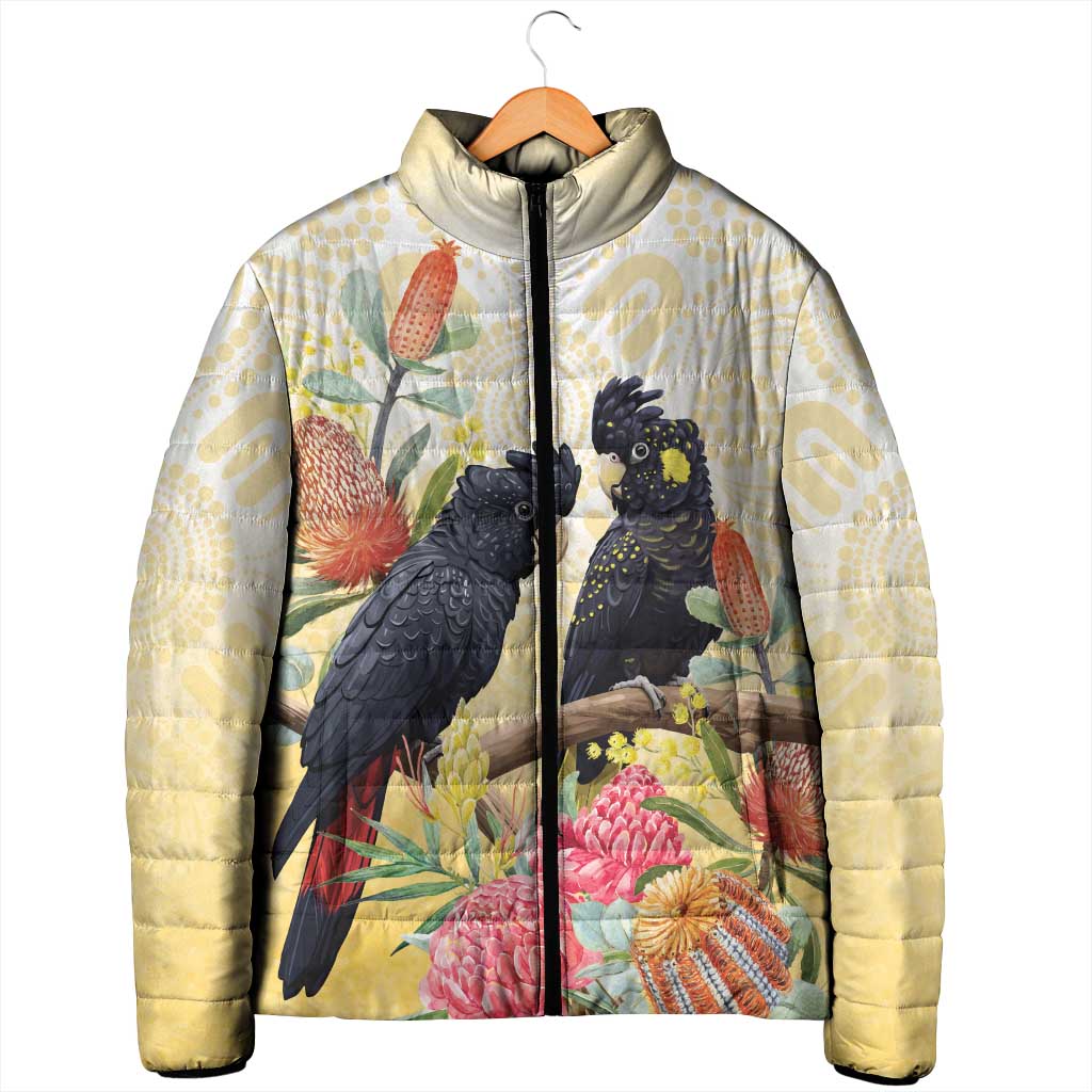 Black Cockatoo Banksia Australia Padded Jacket Aboriginal Art - Aussie Hoodie