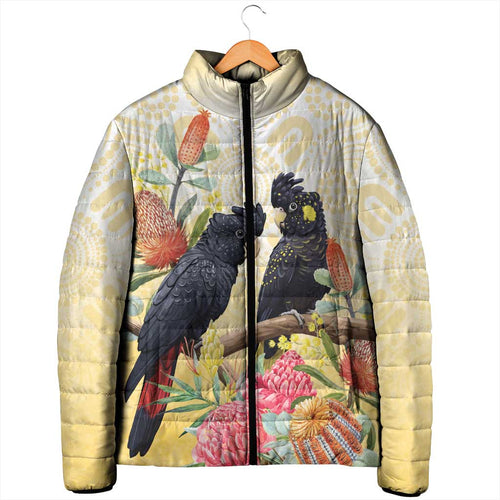 Black Cockatoo Banksia Australia Padded Jacket Aboriginal Art - Aussie Hoodie