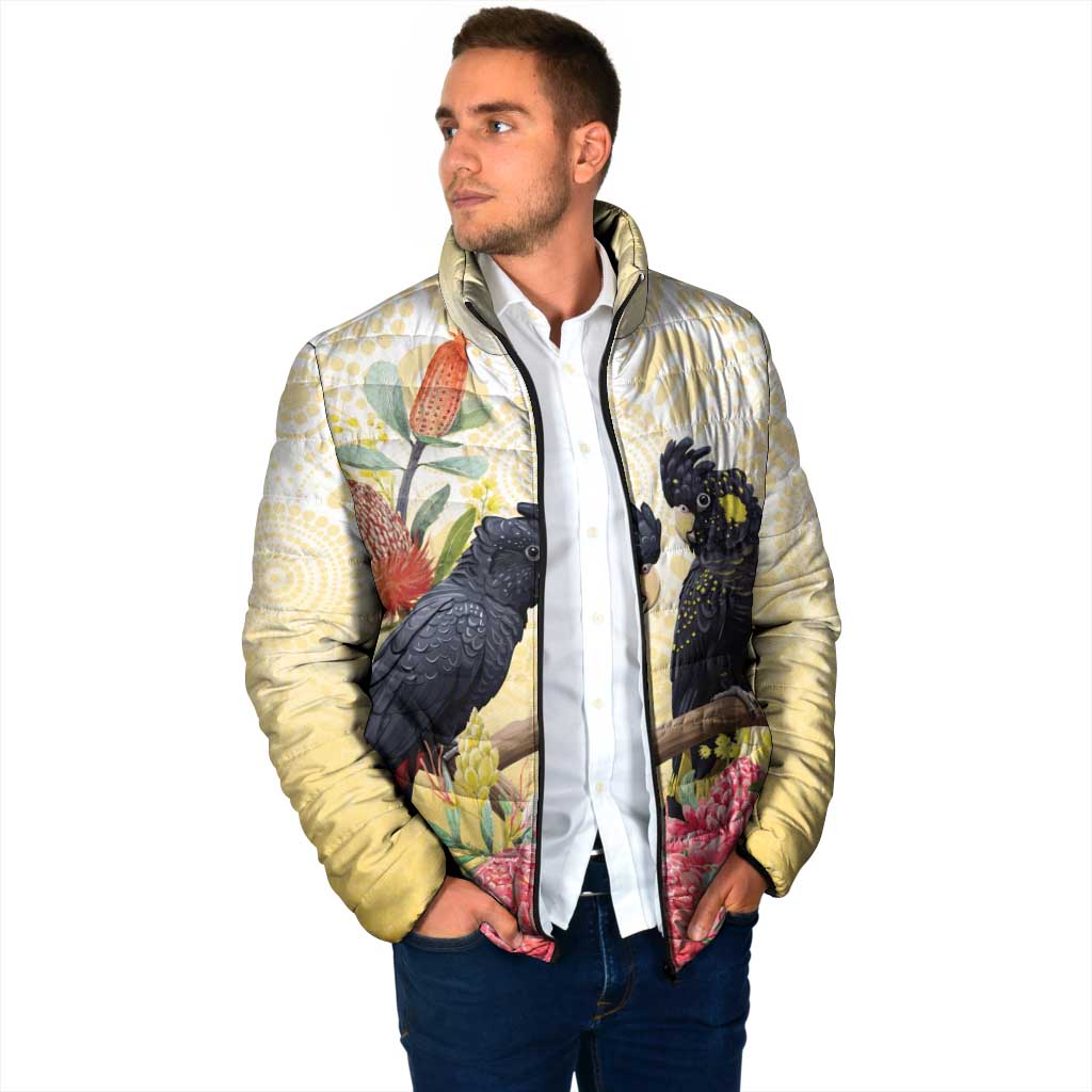 Black Cockatoo Banksia Australia Padded Jacket Aboriginal Art - Aussie Hoodie