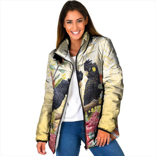 Black Cockatoo Banksia Australia Padded Jacket Aboriginal Art - Aussie Hoodie
