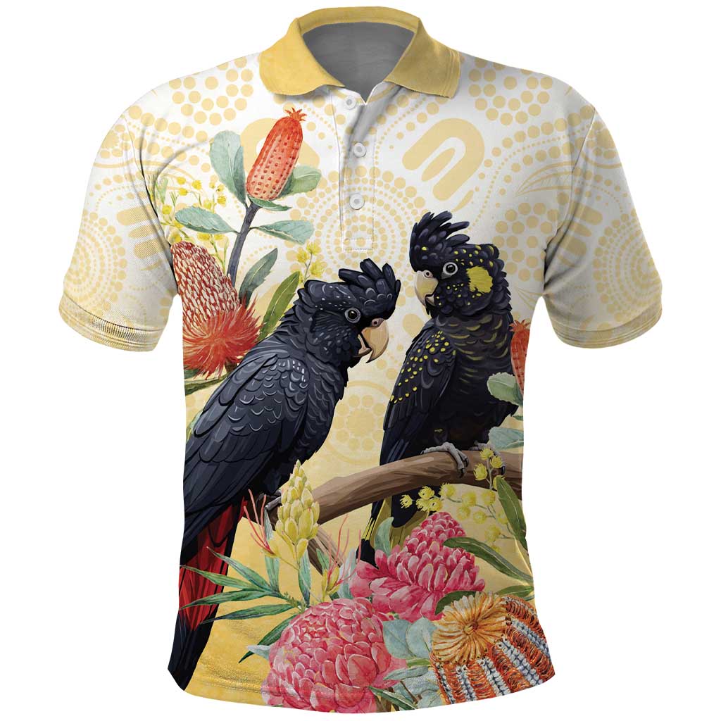 Black Cockatoo Banksia Australia Polo Shirt Aboriginal Art