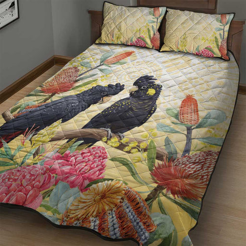 Black Cockatoo Banksia Australia Quilt Bed Set Aboriginal Art