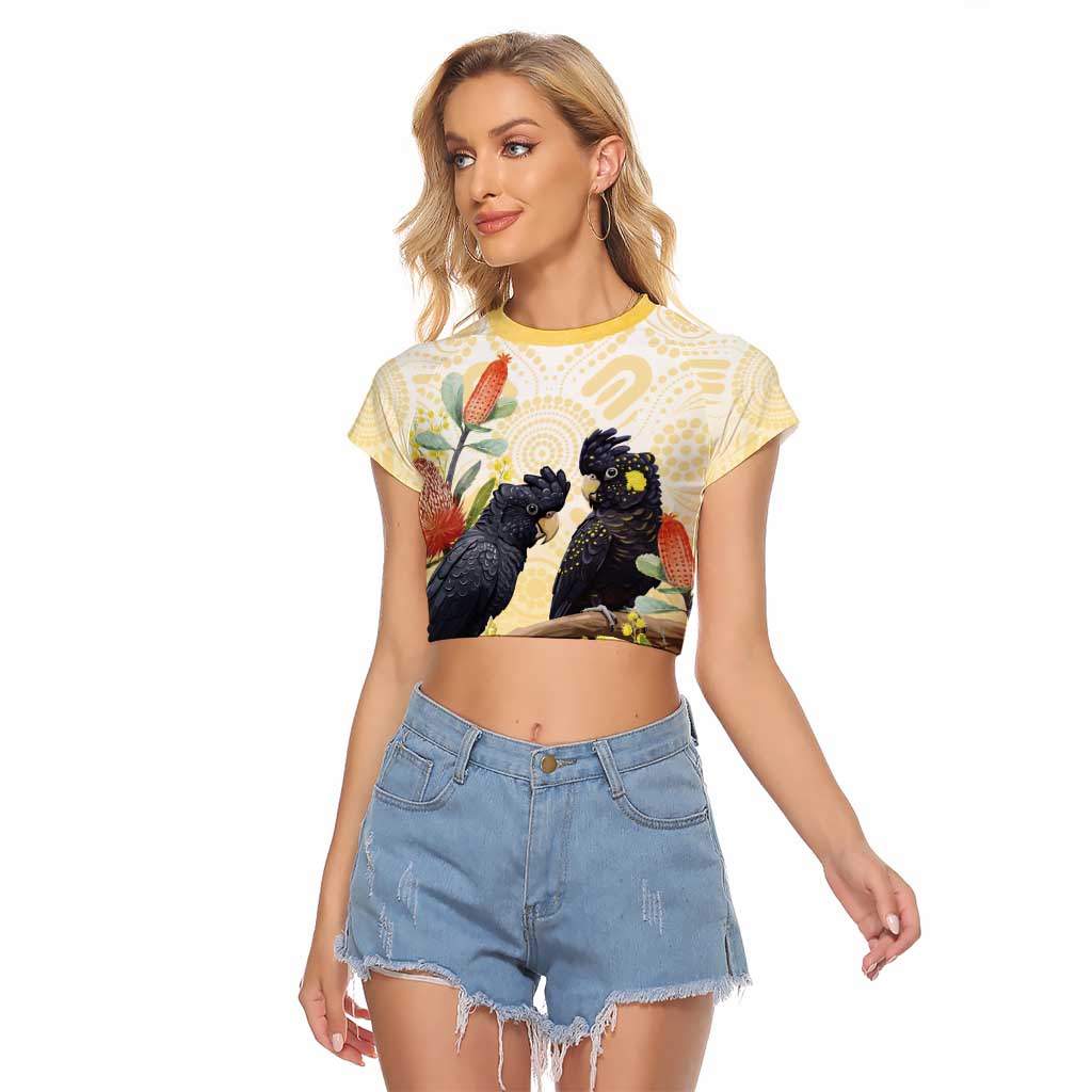 Black Cockatoo Banksia Australia Raglan Cropped T Shirt Aboriginal Art
