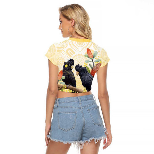 Black Cockatoo Banksia Australia Raglan Cropped T Shirt Aboriginal Art