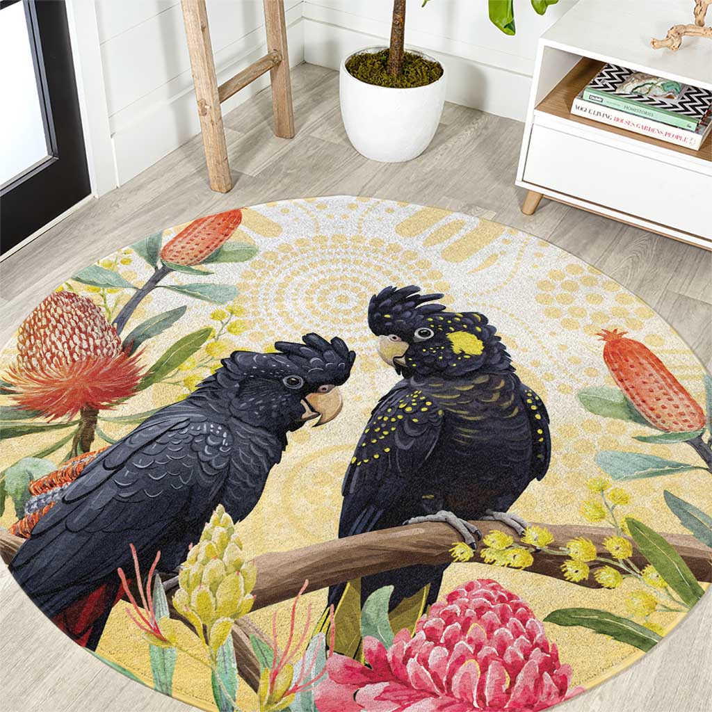 Black Cockatoo Banksia Australia Round Carpet Aboriginal Art