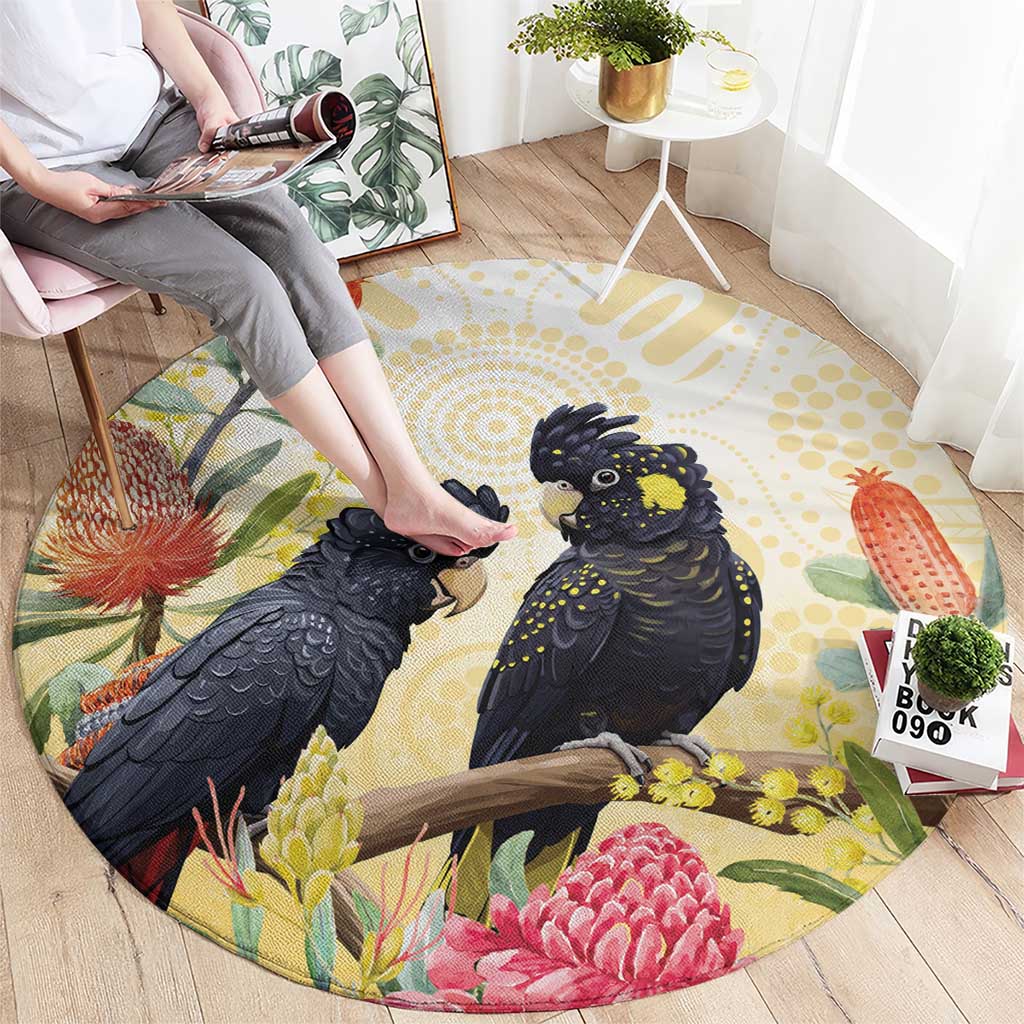 Black Cockatoo Banksia Australia Round Carpet Aboriginal Art