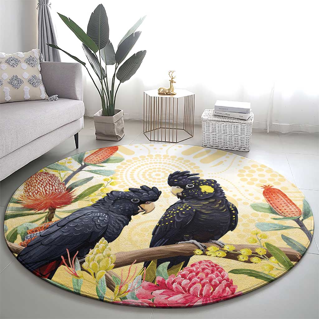 Black Cockatoo Banksia Australia Round Carpet Aboriginal Art
