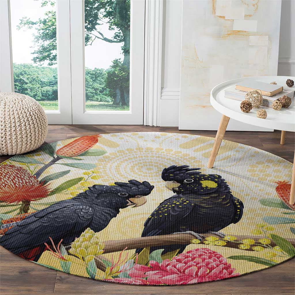 Black Cockatoo Banksia Australia Round Carpet Aboriginal Art