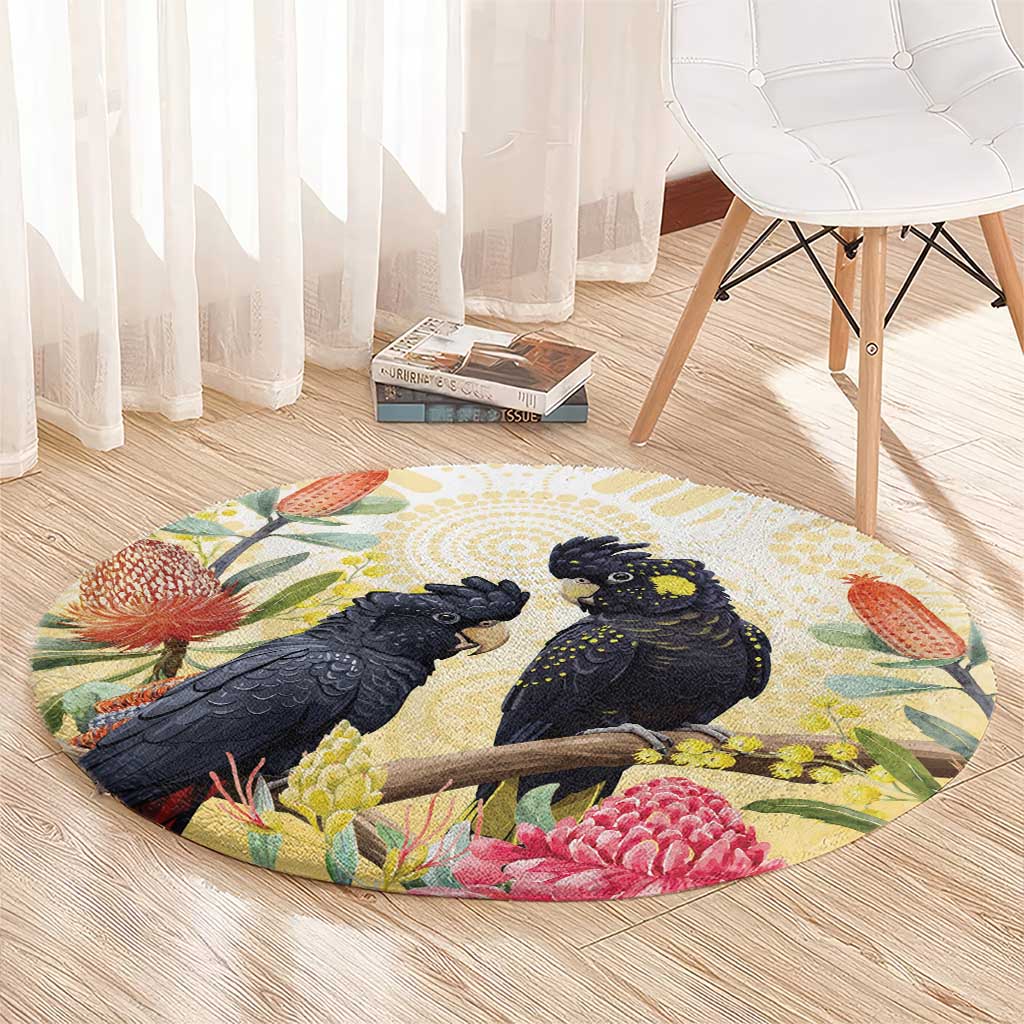 Black Cockatoo Banksia Australia Round Carpet Aboriginal Art