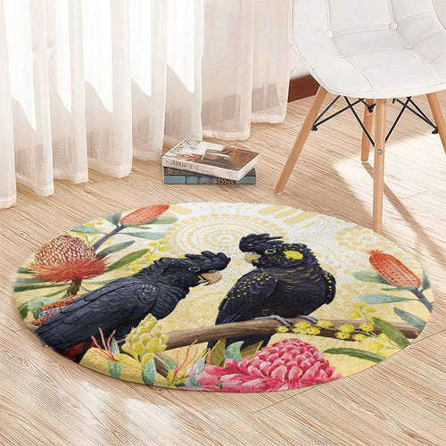 Black Cockatoo Banksia Australia Round Carpet Aboriginal Art