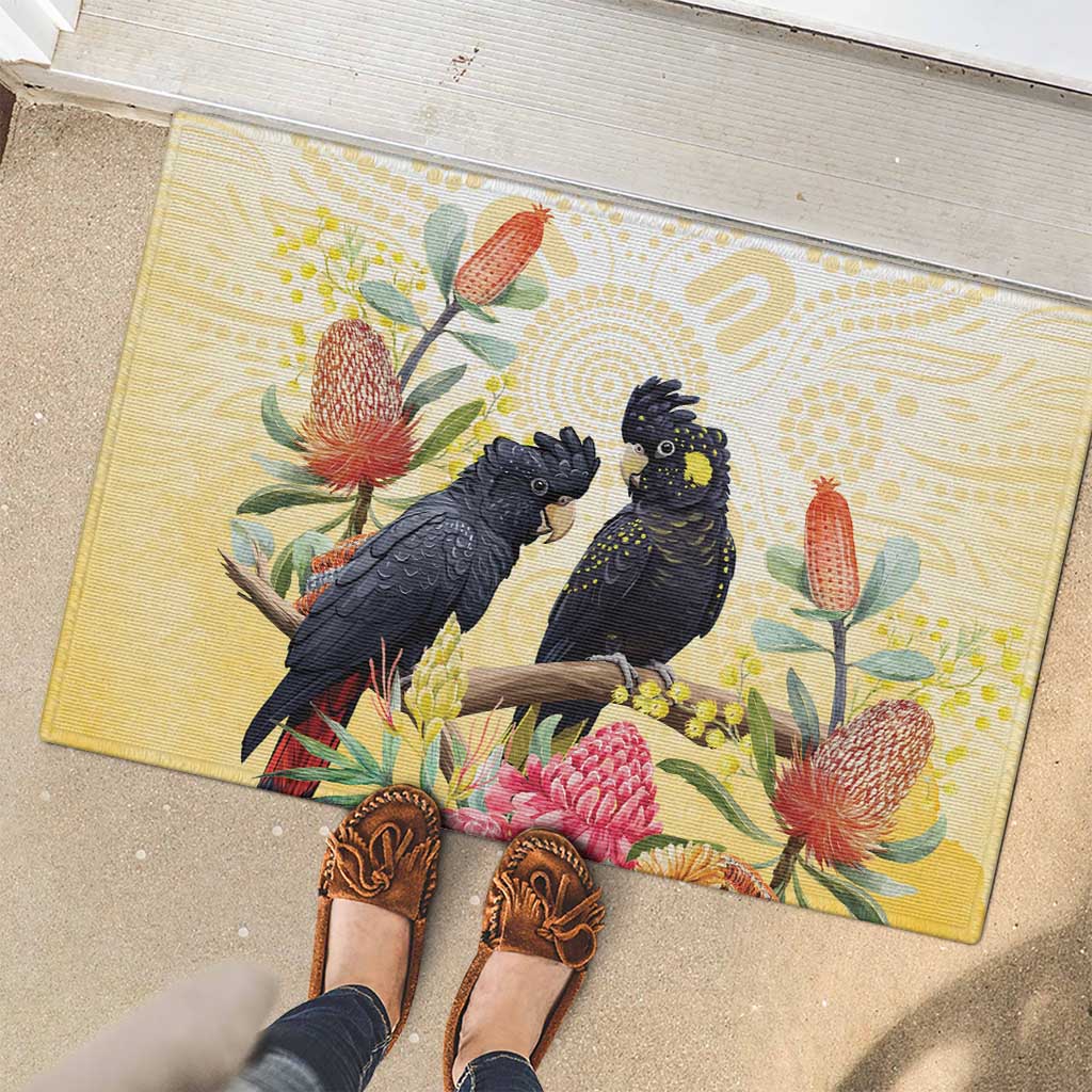 Black Cockatoo Banksia Australia Rubber Doormat Aboriginal Art