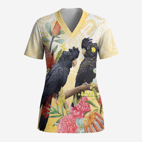 Black Cockatoo Banksia Australia Scrub Top Aboriginal Art - Aussie Hoodie