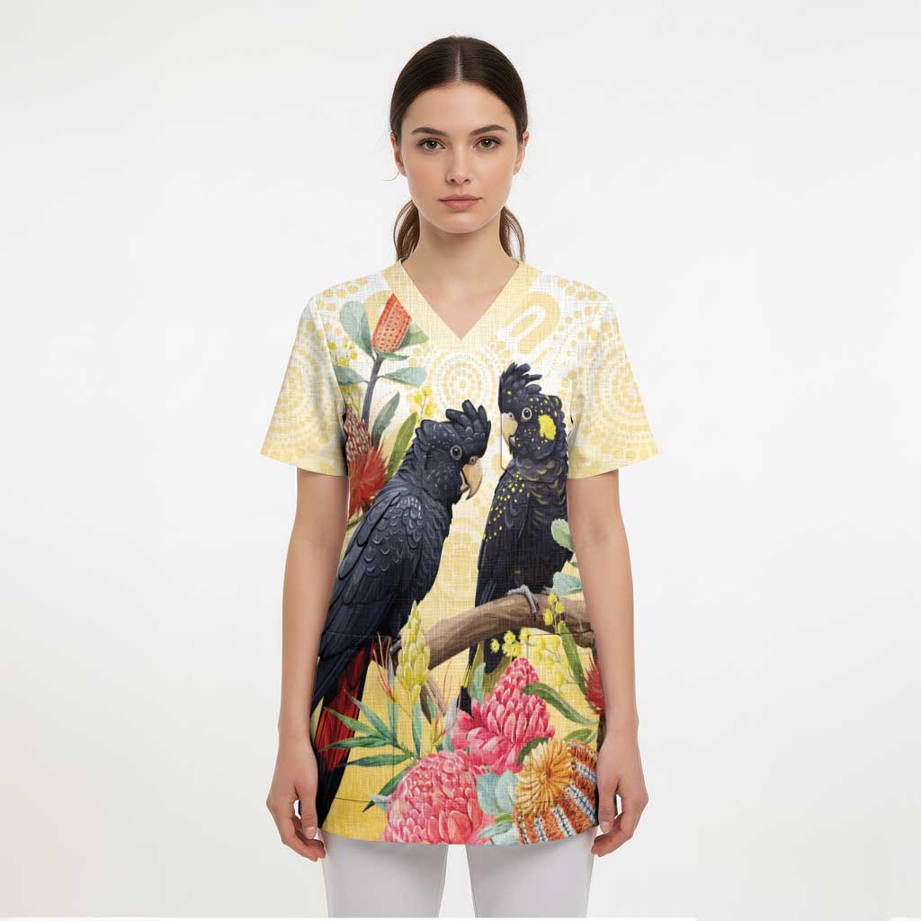 Black Cockatoo Banksia Australia Scrub Top Aboriginal Art - Aussie Hoodie