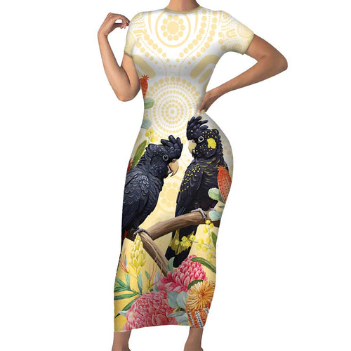 Black Cockatoo Banksia Australia Short Sleeve Bodycon Dress Aboriginal Art