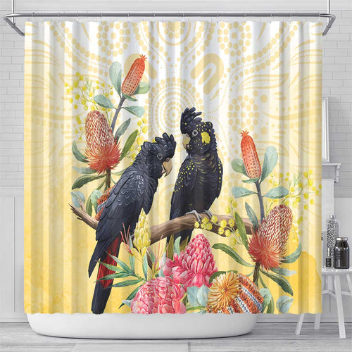 Black Cockatoo Banksia Australia Shower Curtain Aboriginal Art