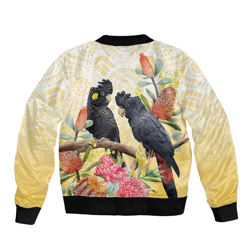 Black Cockatoo Banksia Australia Sleeve Zip Bomber Jacket Aboriginal Art