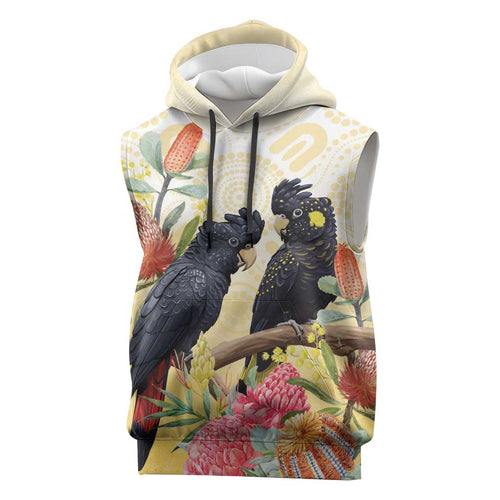 Black Cockatoo Banksia Australia Sleeveless Hoodie Aboriginal Art - Aussie Hoodie