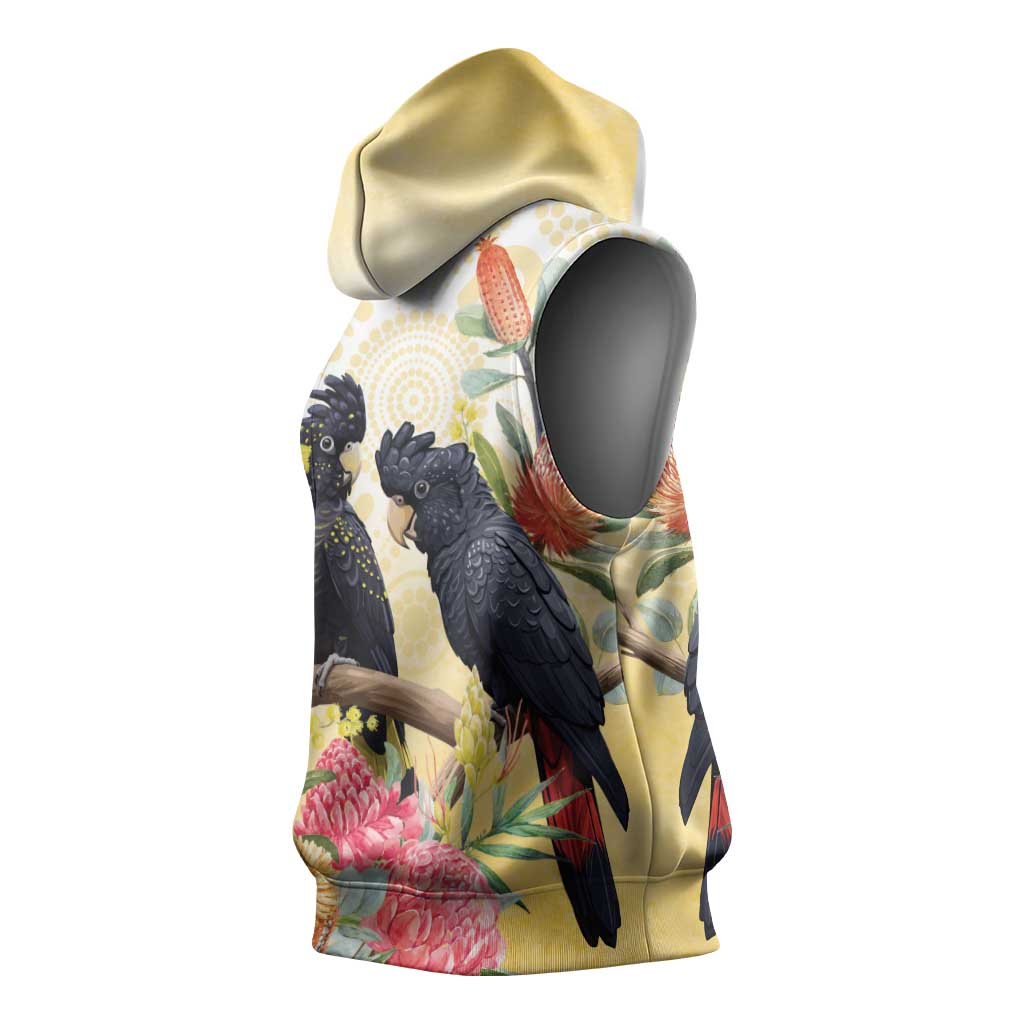 Black Cockatoo Banksia Australia Sleeveless Hoodie Aboriginal Art - Aussie Hoodie